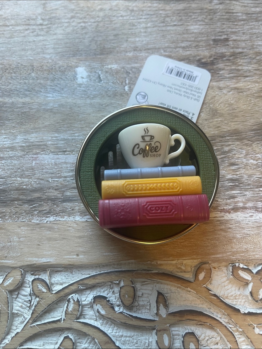 Bath & Body Works Cream Coffee Cup Shelf Accent with Red, Yellow, Blue Details